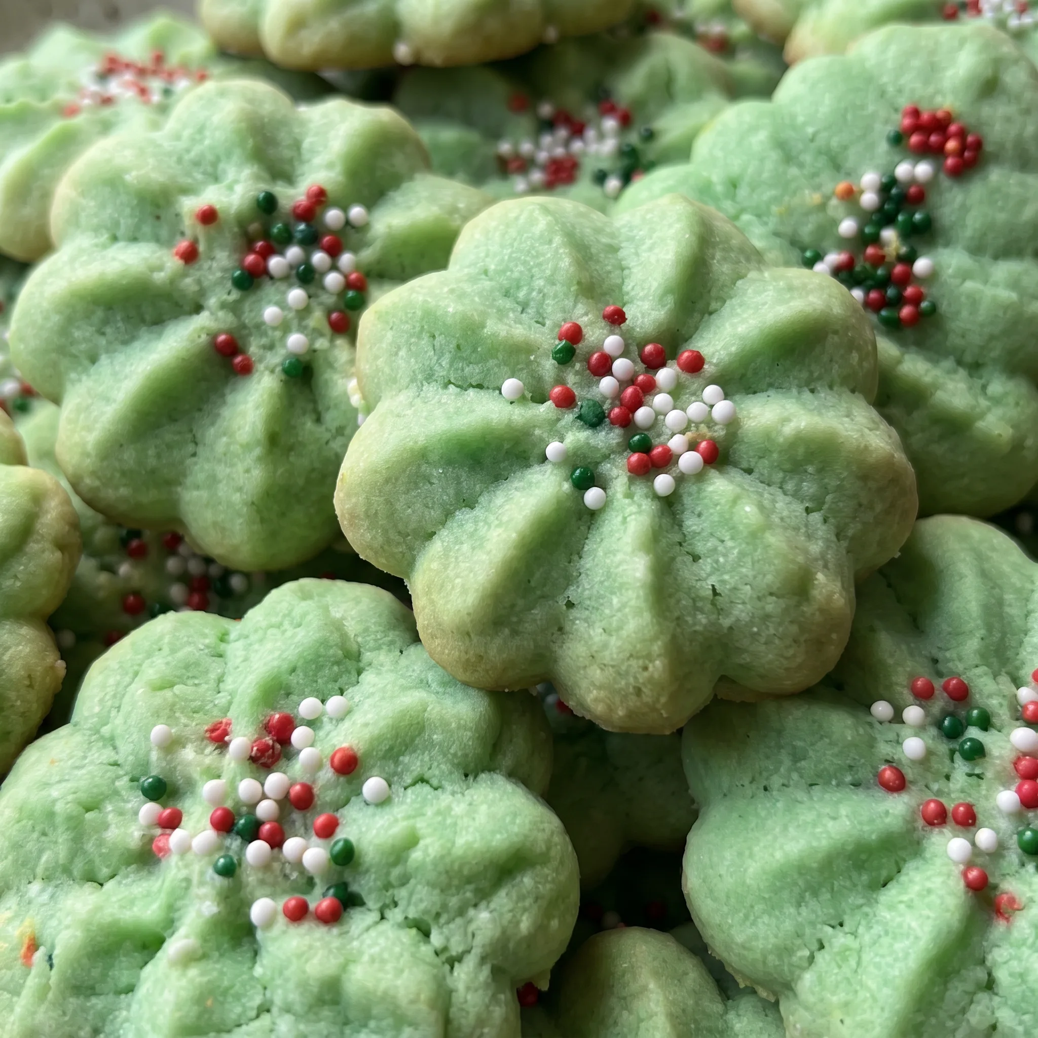 Spritz cookie with a crisp, crumbly texture, showing a buttery sheen and a hint of almond aroma.