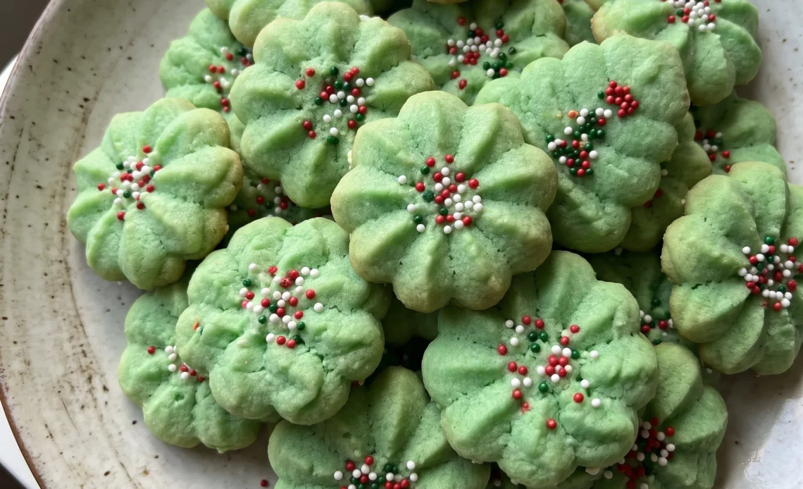 Spritz cookies with golden brown edges and pale centers, topped with a light dusting of powdered sugar.