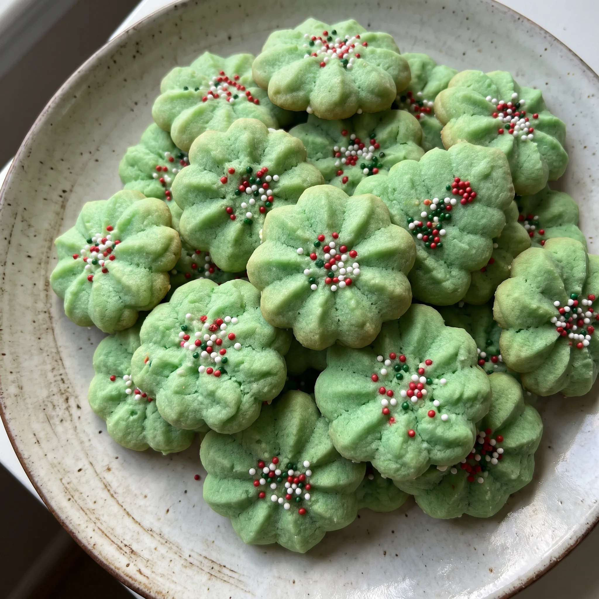 Spritz cookies with golden brown edges and pale centers, topped with a light dusting of powdered sugar.