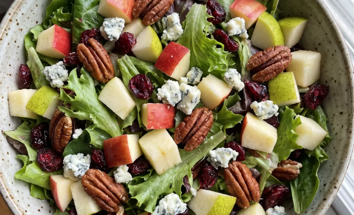 Apple Pecan Fall Salad with mixed greens, apple and pear slices, dried cranberries, blue cheese crumbles, and salted pecans.