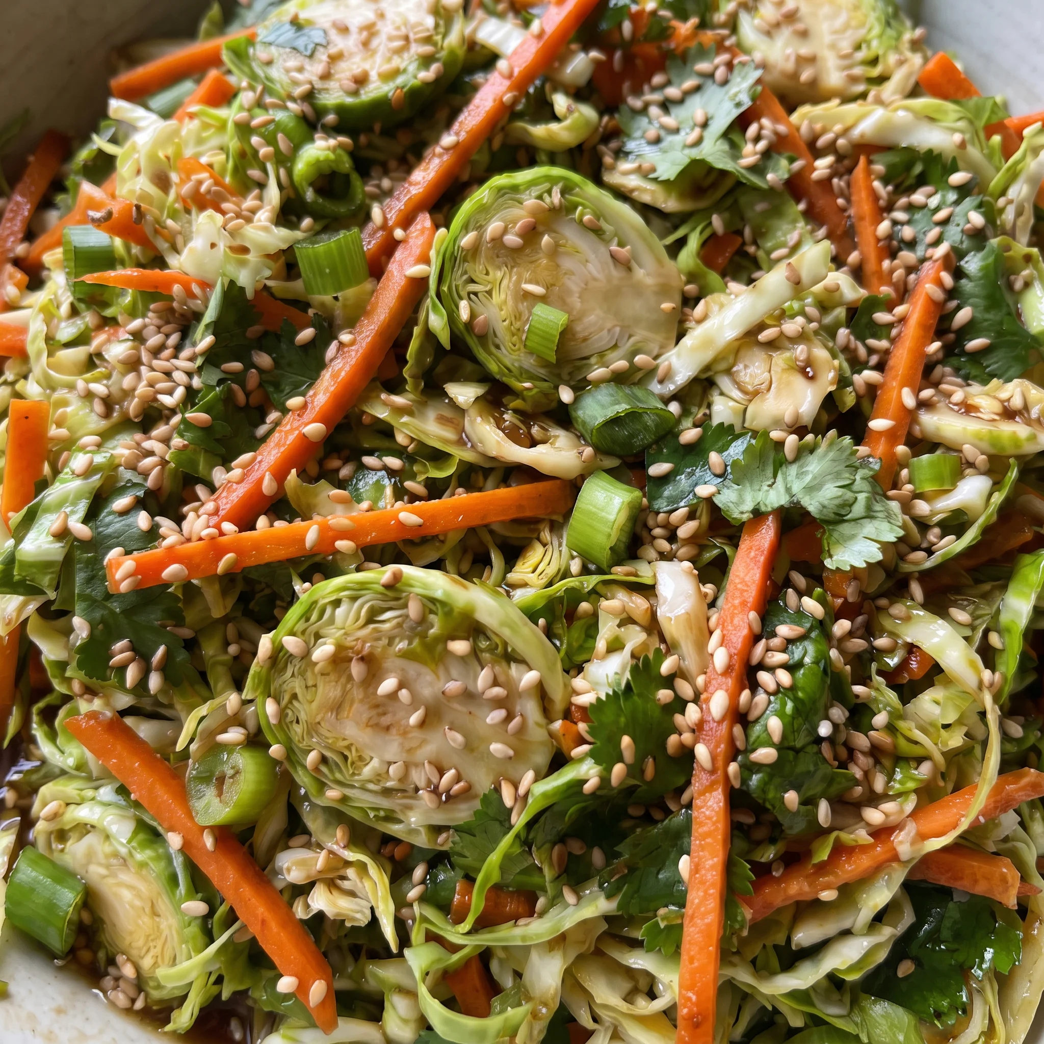 Thinly shaved Brussels sprouts and carrots with crisp cilantro and green onion, sprinkled with sesame seeds.