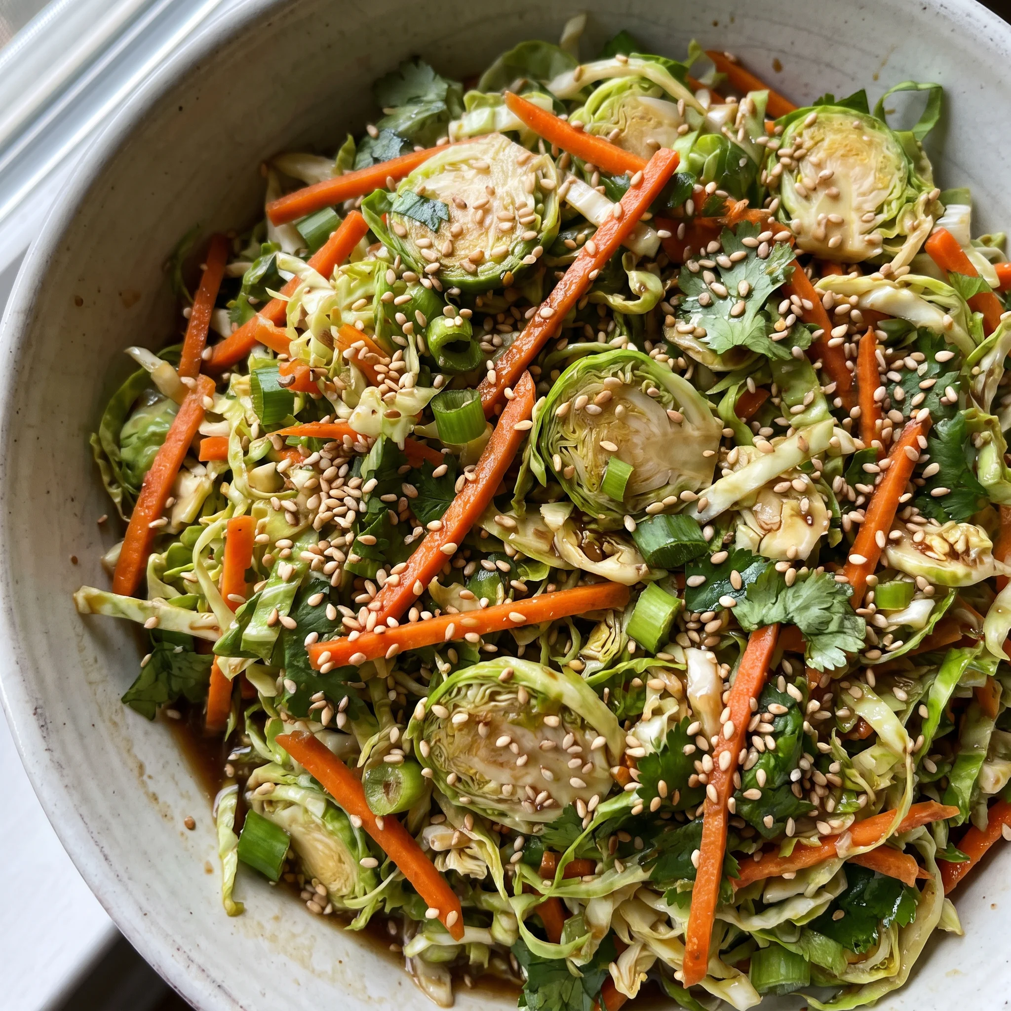 Asian shaved Brussels sprouts salad with shredded carrots, chopped cilantro, sliced green onions, and sesame seeds.