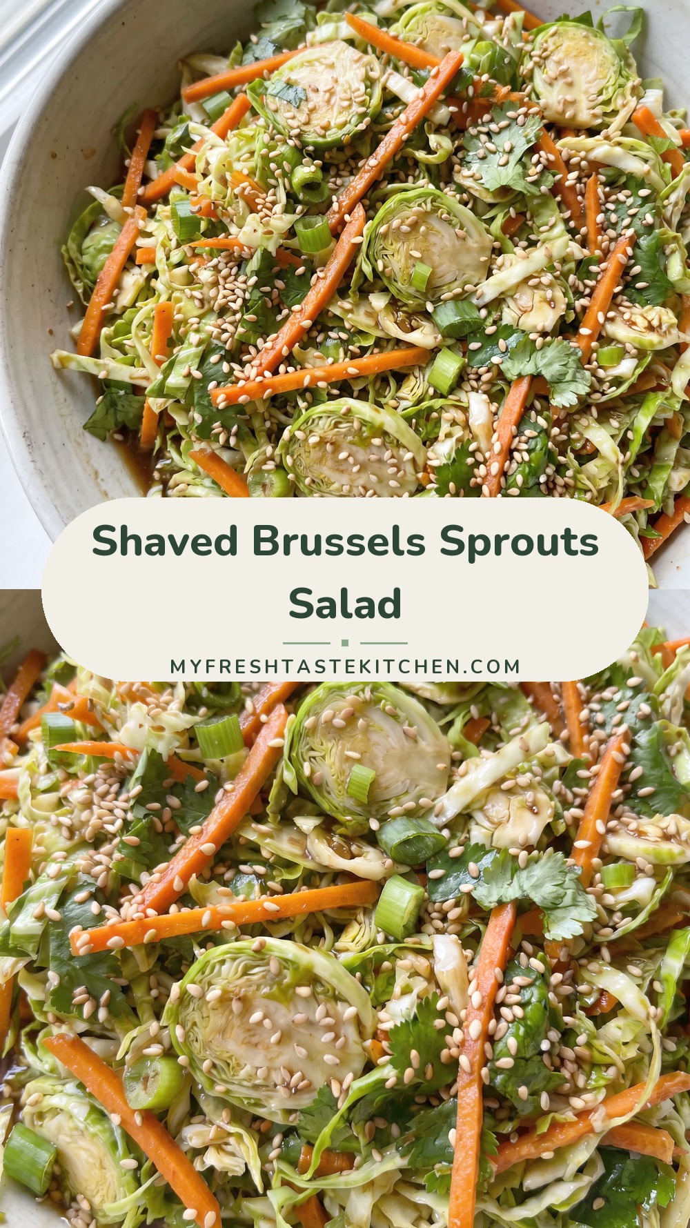 Shaved Brussels sprouts with matchstick carrots, chopped cilantro and green onion, sprinkled with sesame seeds, dressed in a glossy orange-sesame vinaigrette.