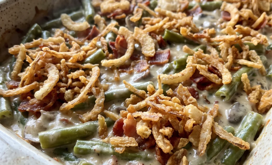 Green bean casserole with bacon, mushrooms, cheese, and fried onions.