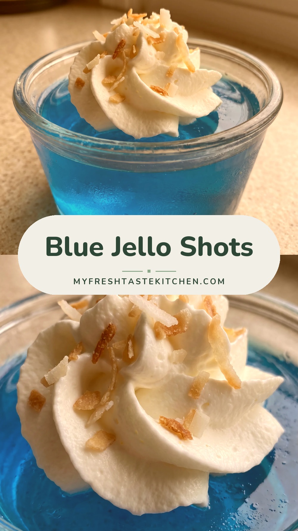 Blue Jell-O shots in cups topped with piped whipped cream and toasted coconut flakes.