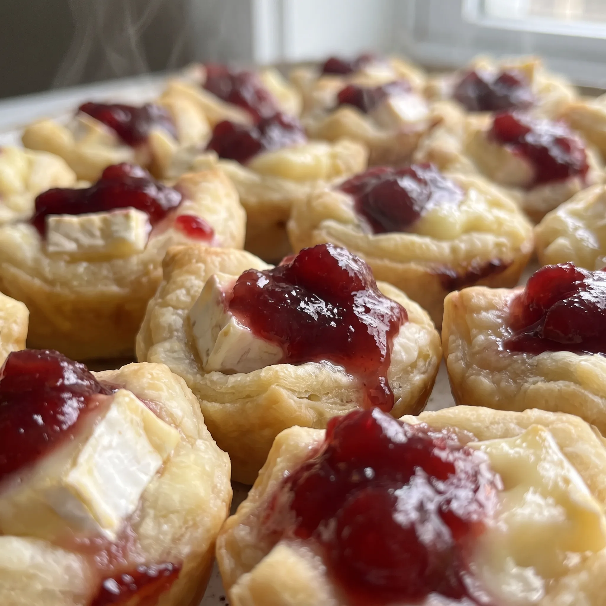 Puff pastry bite with crispy layers, warm brie oozing, and a dollop of ruby cranberry sauce.