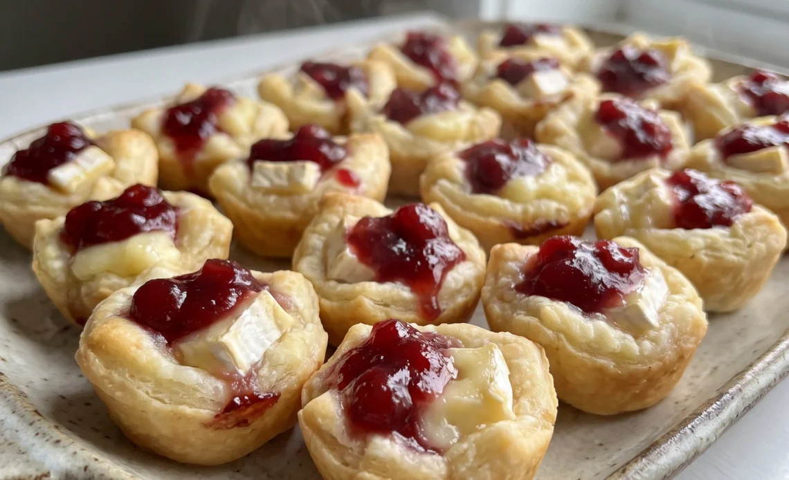 Brie cranberry puff pastry bites with golden flaky pastry, melted brie center, and glossy red cranberry sauce.