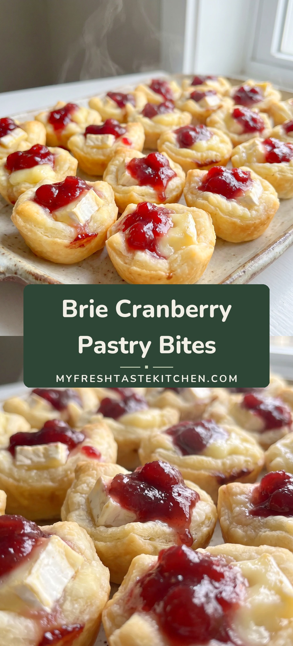 Golden puff pastry cups filled with melted brie and glossy red cranberry sauce.