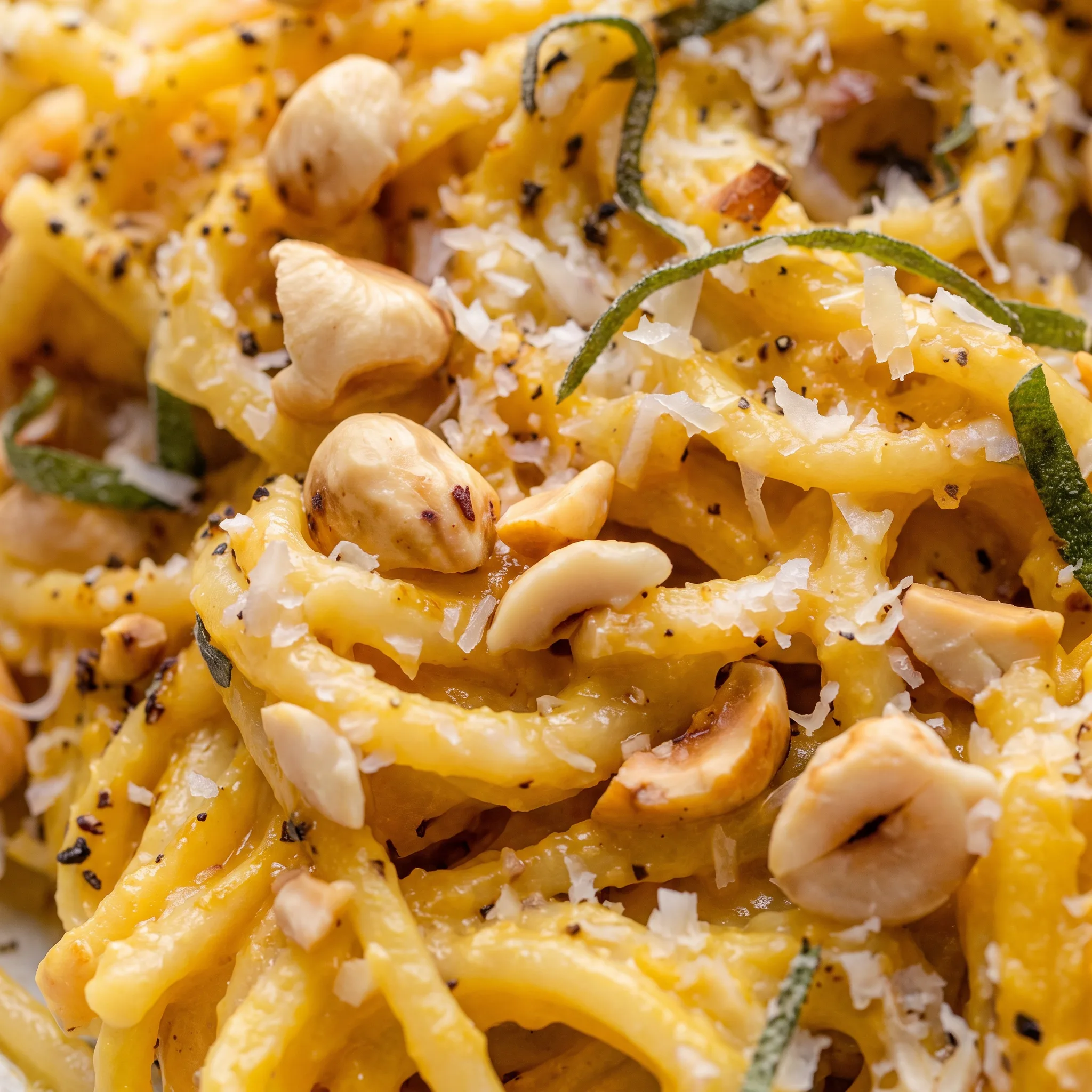 Pasta with creamy brown butter sauce, tender acorn squash pieces, crunchy hazelnuts, and crispy sage.