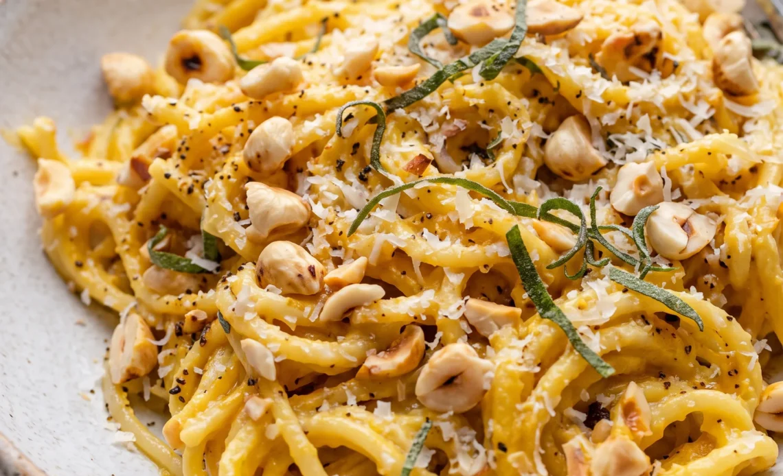 Brown butter acorn squash pasta with roasted squash slices, toasted hazelnuts, sage leaves, and shaved parmesan.