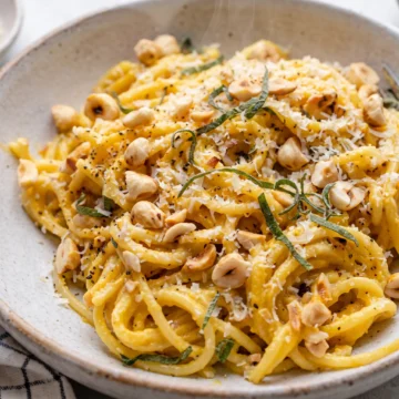 Brown Butter Acorn Squash Pasta with Hazelnuts