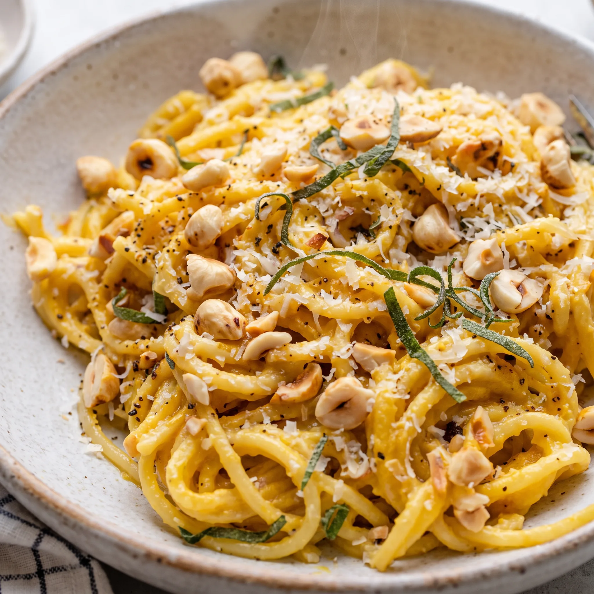 Brown butter acorn squash pasta with roasted squash slices, toasted hazelnuts, sage leaves, and shaved parmesan.