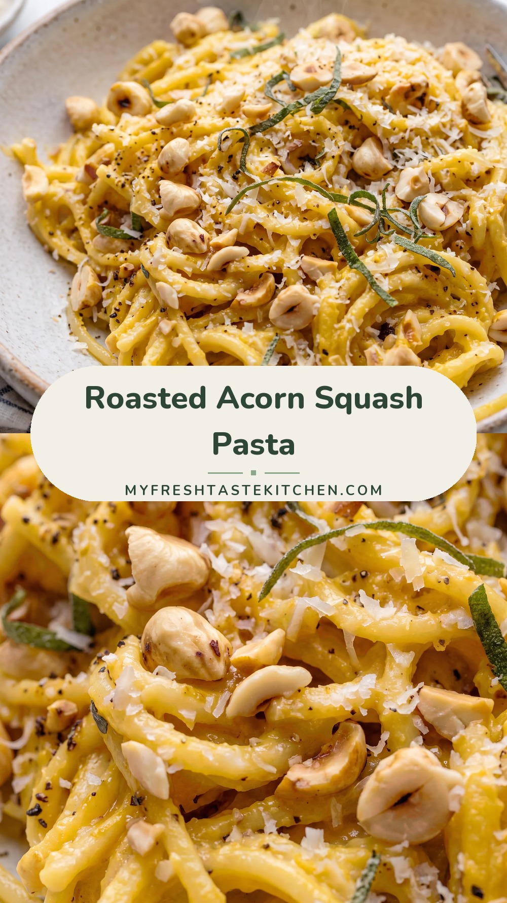 Spaghetti coated in creamy acorn squash sauce, topped with browned butter, toasted hazelnuts, sage, and shaved parmesan.