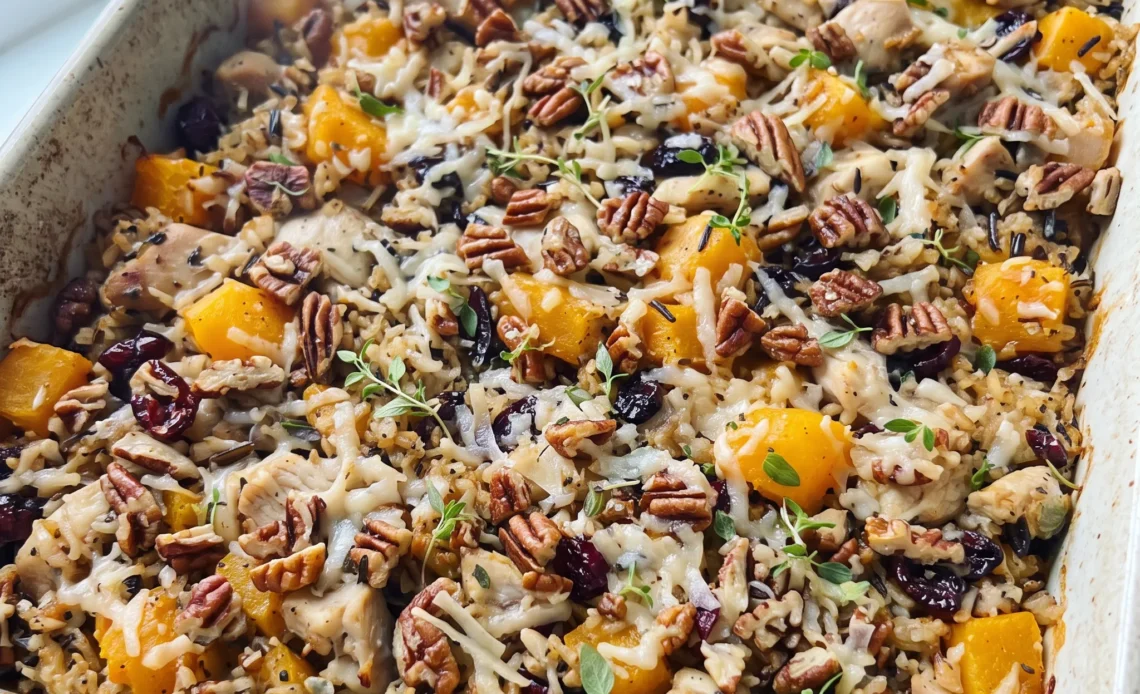 Butternut squash chicken wild rice casserole with cubes of orange squash, shredded chicken, wild rice, scattered red cranberries, and grated parmesan.
