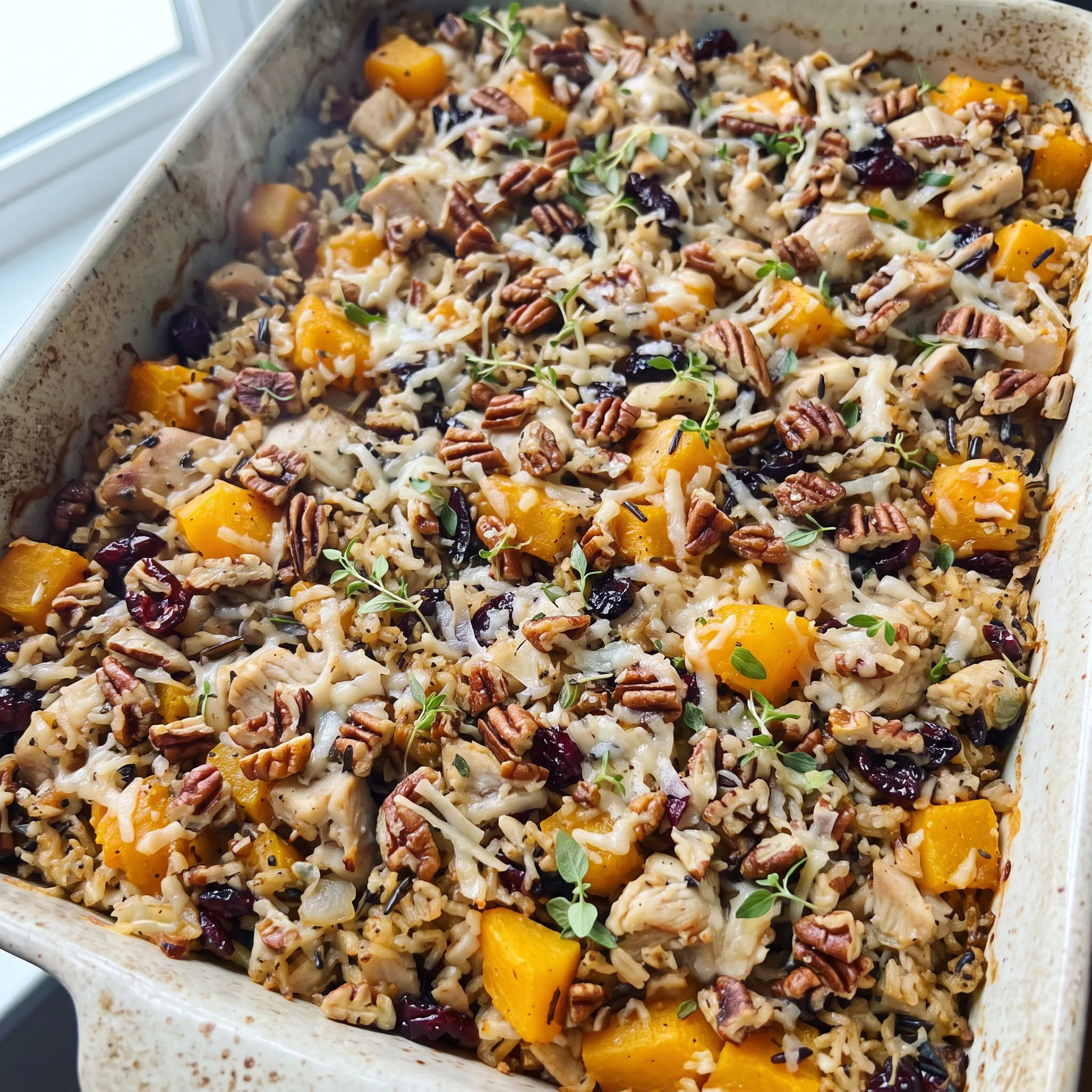 Butternut squash chicken wild rice casserole with cubes of orange squash, shredded chicken, wild rice, scattered red cranberries, and grated parmesan.