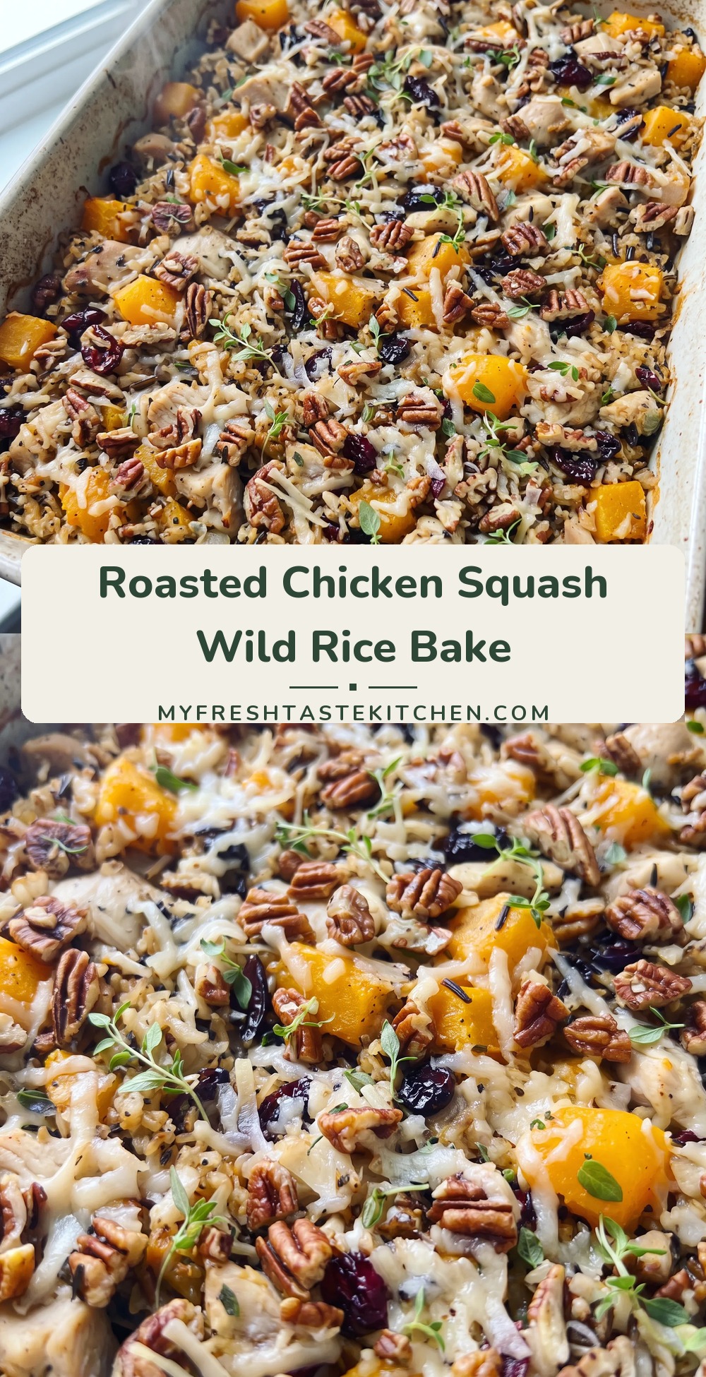 Baked casserole with chunks of roasted chicken, cubed butternut squash, wild rice, dried cranberries, and melted Parmesan, topped with toasted pecans.