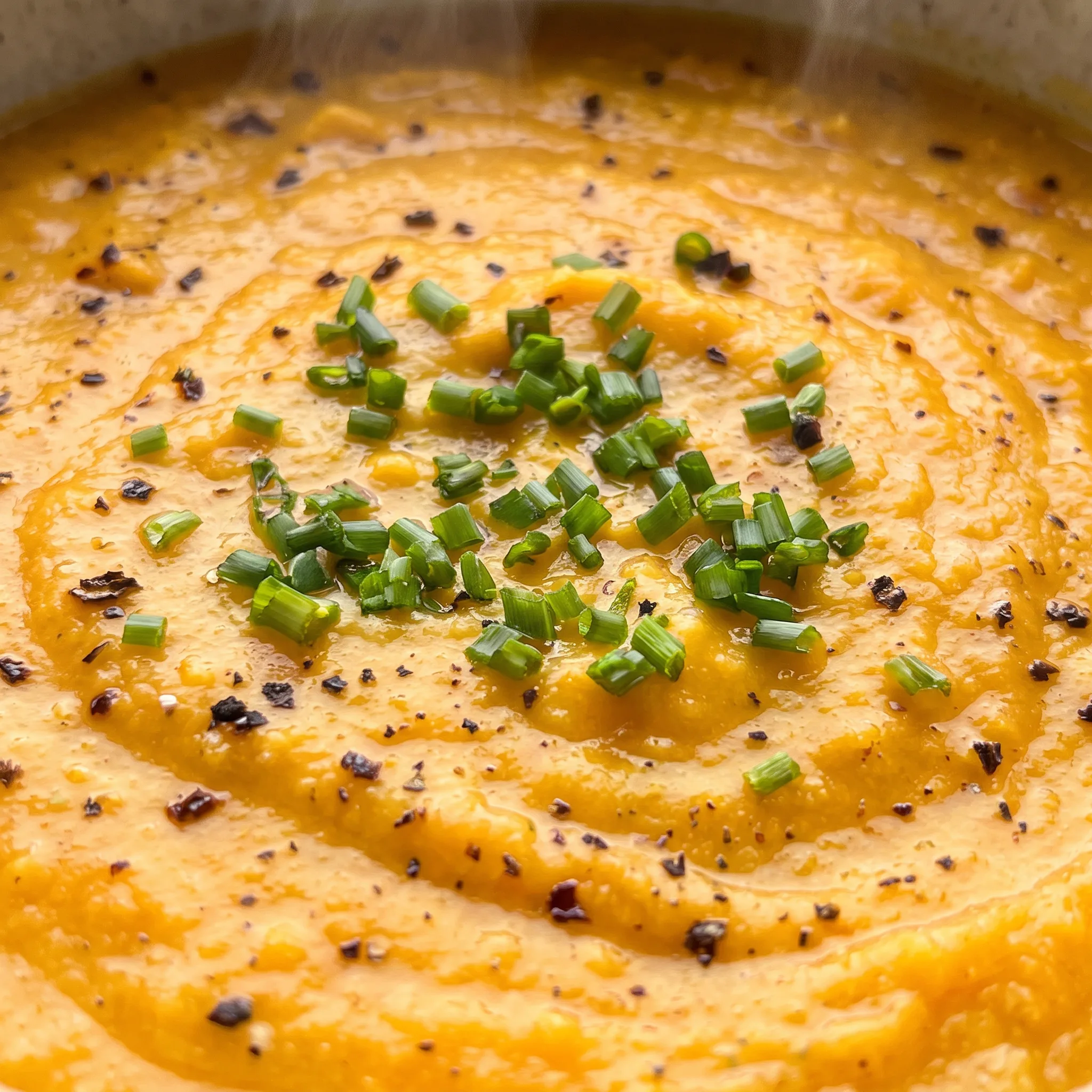 Silky orange soup with a glossy surface, a drizzle of coconut milk creating a marbled pattern, topped with a delicate swirl of fresh herbs.