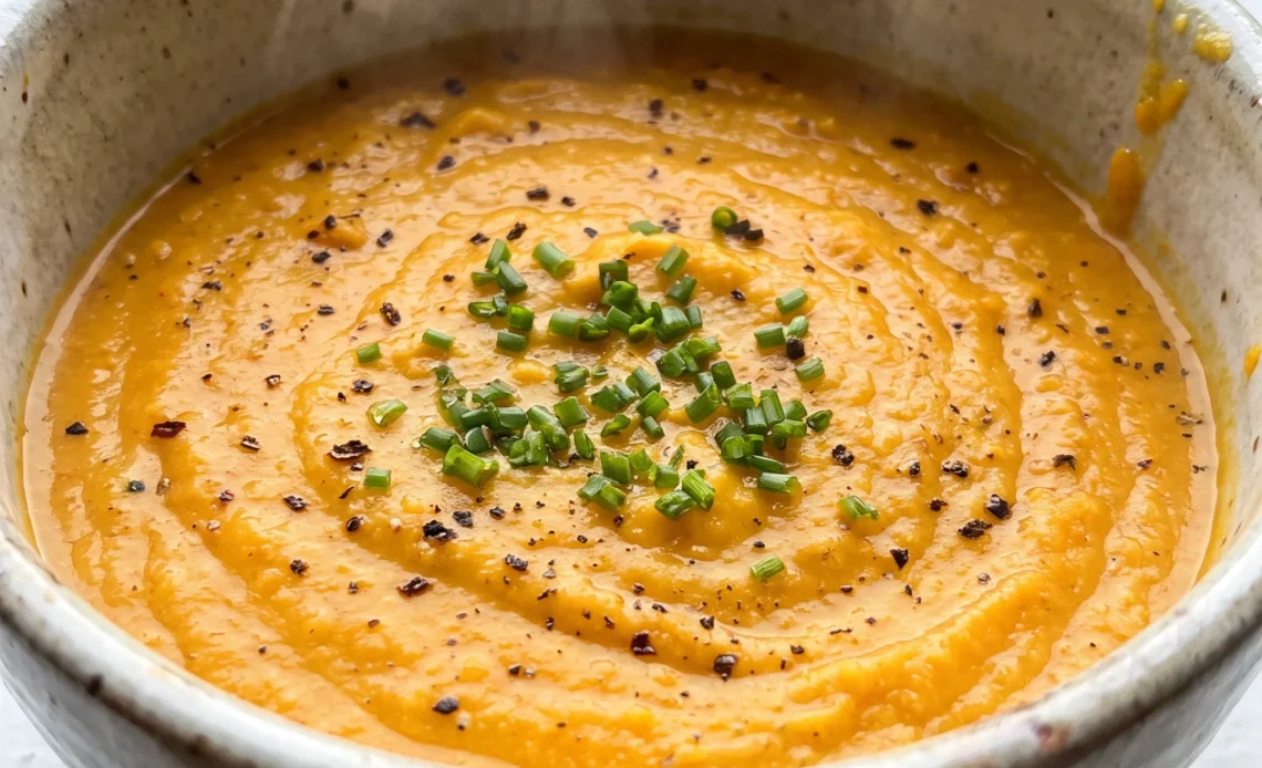 Creamy vegan butternut squash soup with swirls of coconut milk, garnished with a few small cubes of roasted squash and a sprinkle of black pepper.