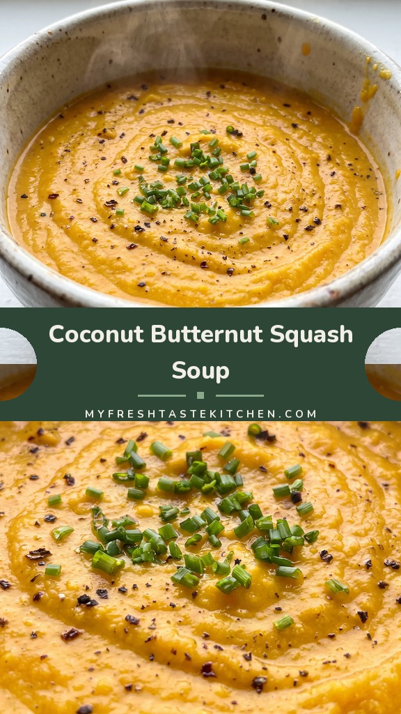 Roasted butternut squash pieces with coconut milk and vegetable stock in a creamy soup.
