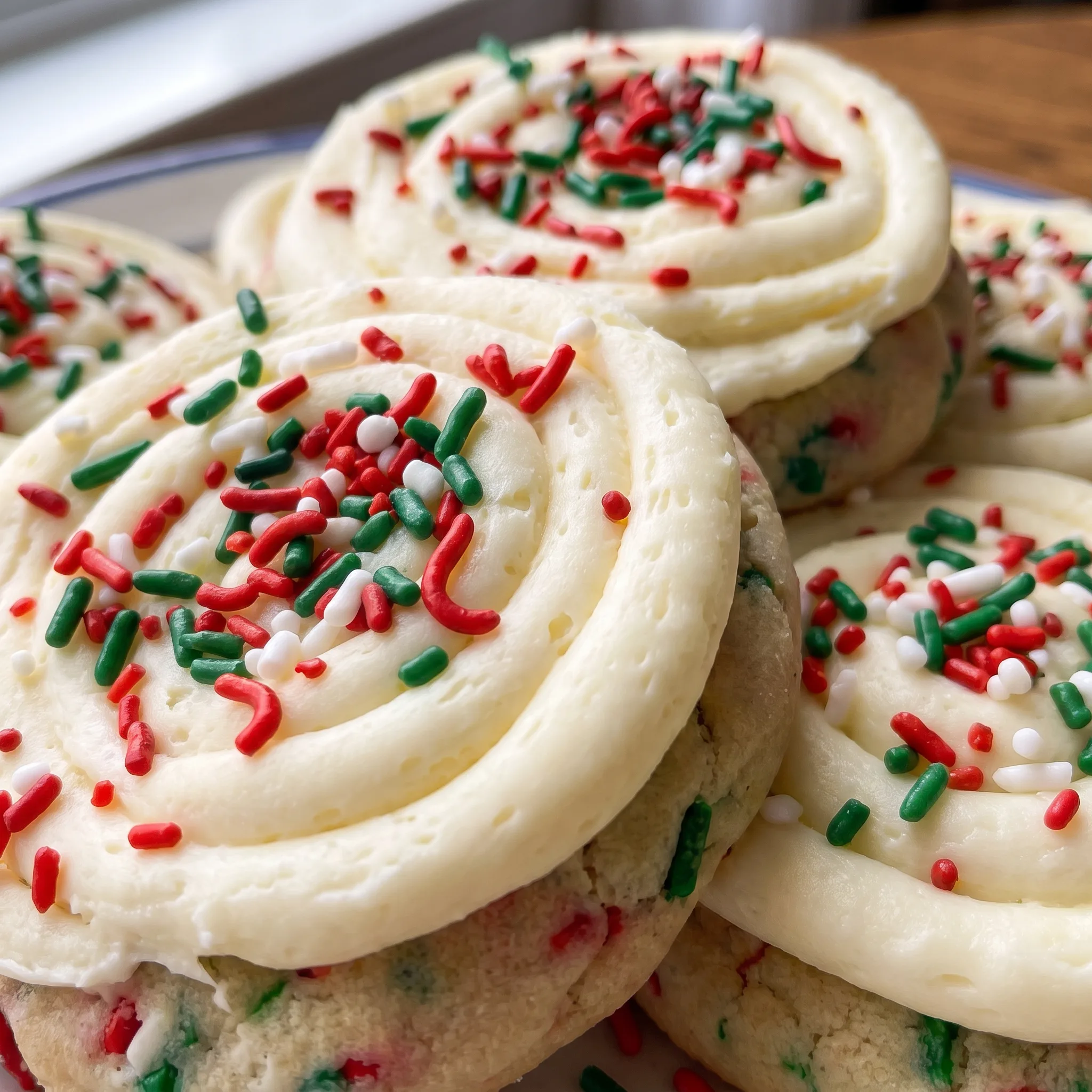 Thick white frosting spread over soft cookies, topped with tiny red, blue, green, and yellow sprinkles.