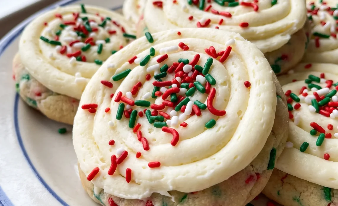 Cake batter cookies with white frosting and multicolored sprinkles on each rounded, golden-edged cookie.
