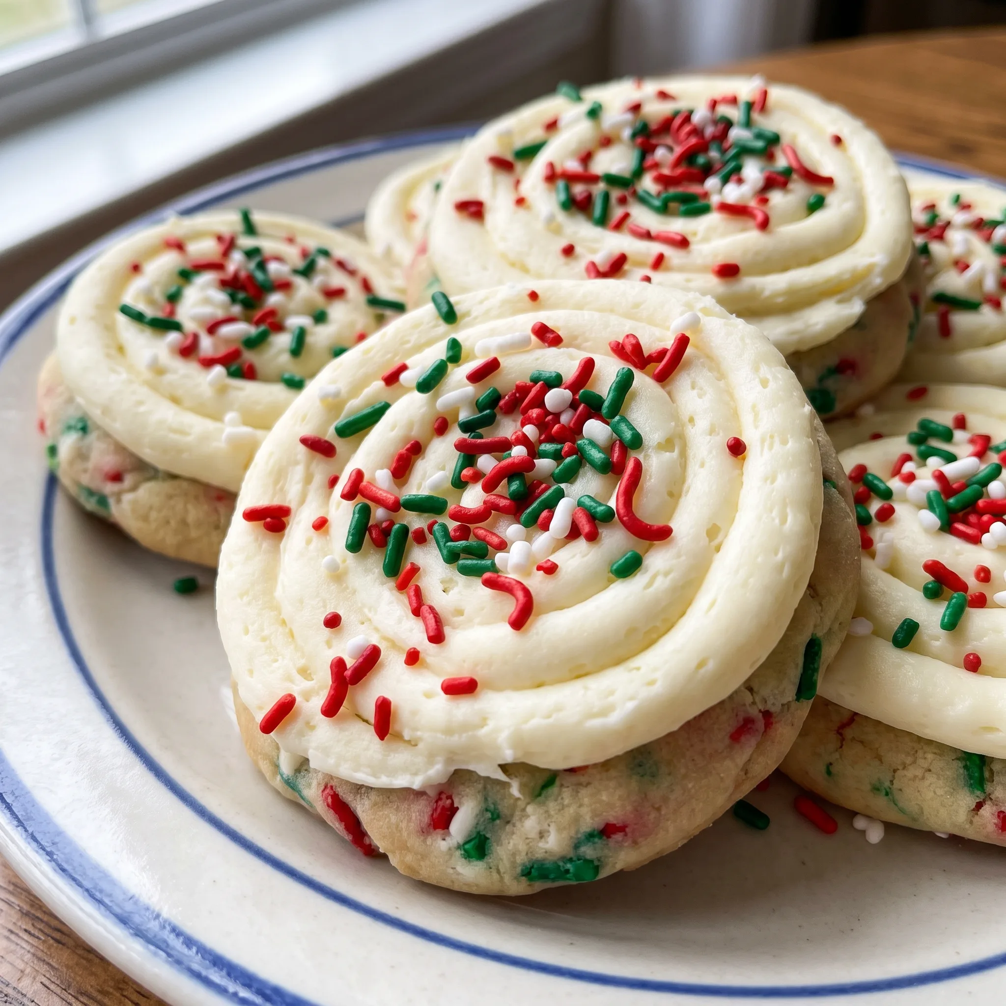 Cake batter cookies with white frosting and multicolored sprinkles on each rounded, golden-edged cookie.