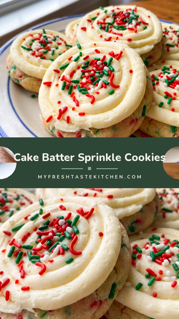 Soft golden cookies topped with swirled white frosting and colorful sprinkles, with softened butter and frosting visible.