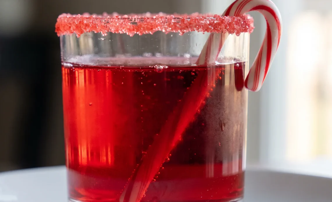 Candy Cane Mocktail in a tall glass with red cranberry juice, layered strawberry syrup, and sparkling water, topped with a candy cane.