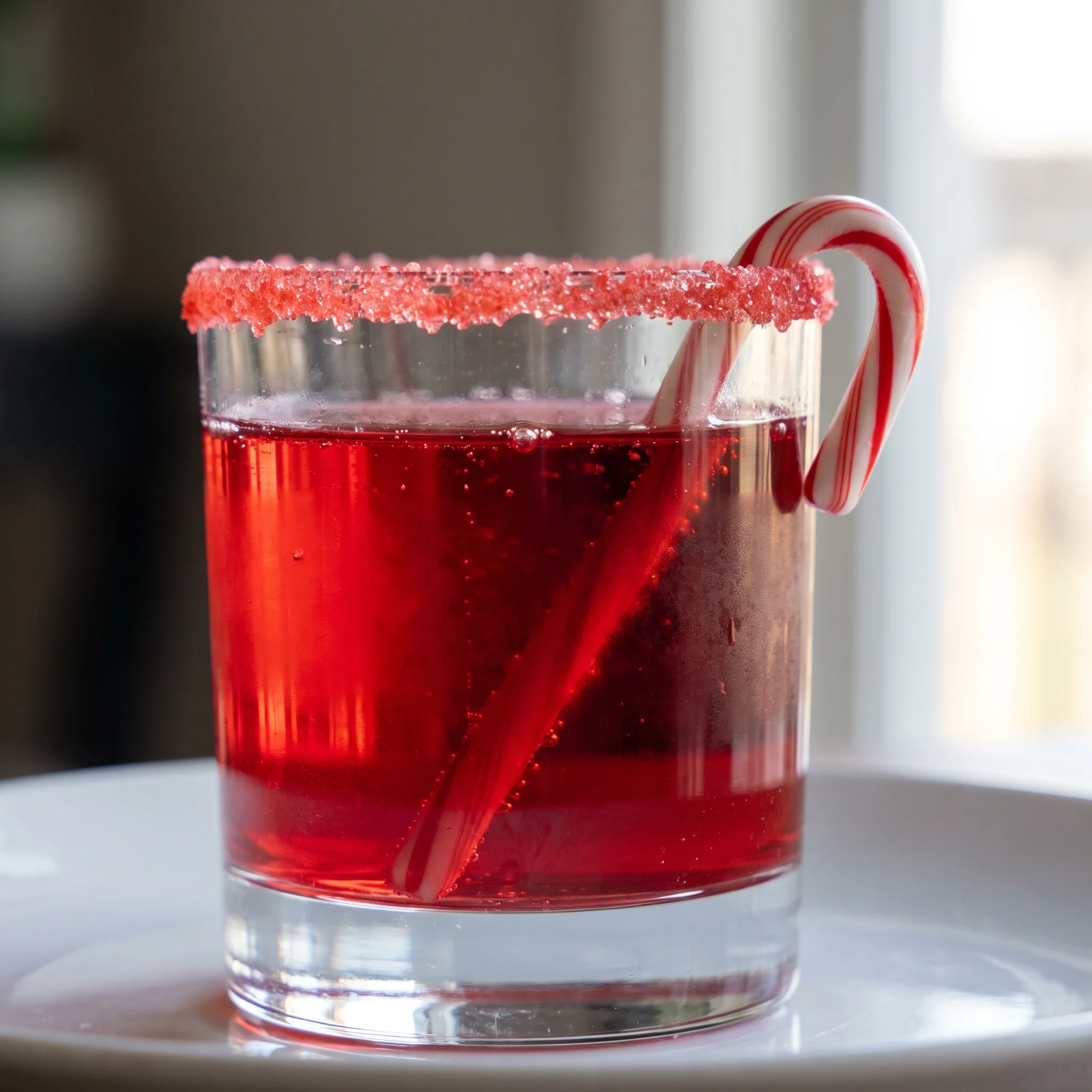 Candy Cane Mocktail in a tall glass with red cranberry juice, layered strawberry syrup, and sparkling water, topped with a candy cane.