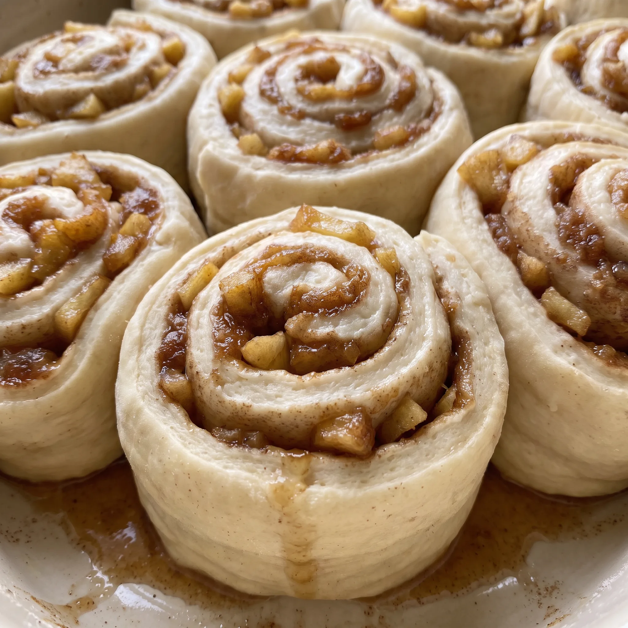 Soft swirls of cinnamon dough with cream cheese frosting, diced apples, and glossy caramel in the folds.