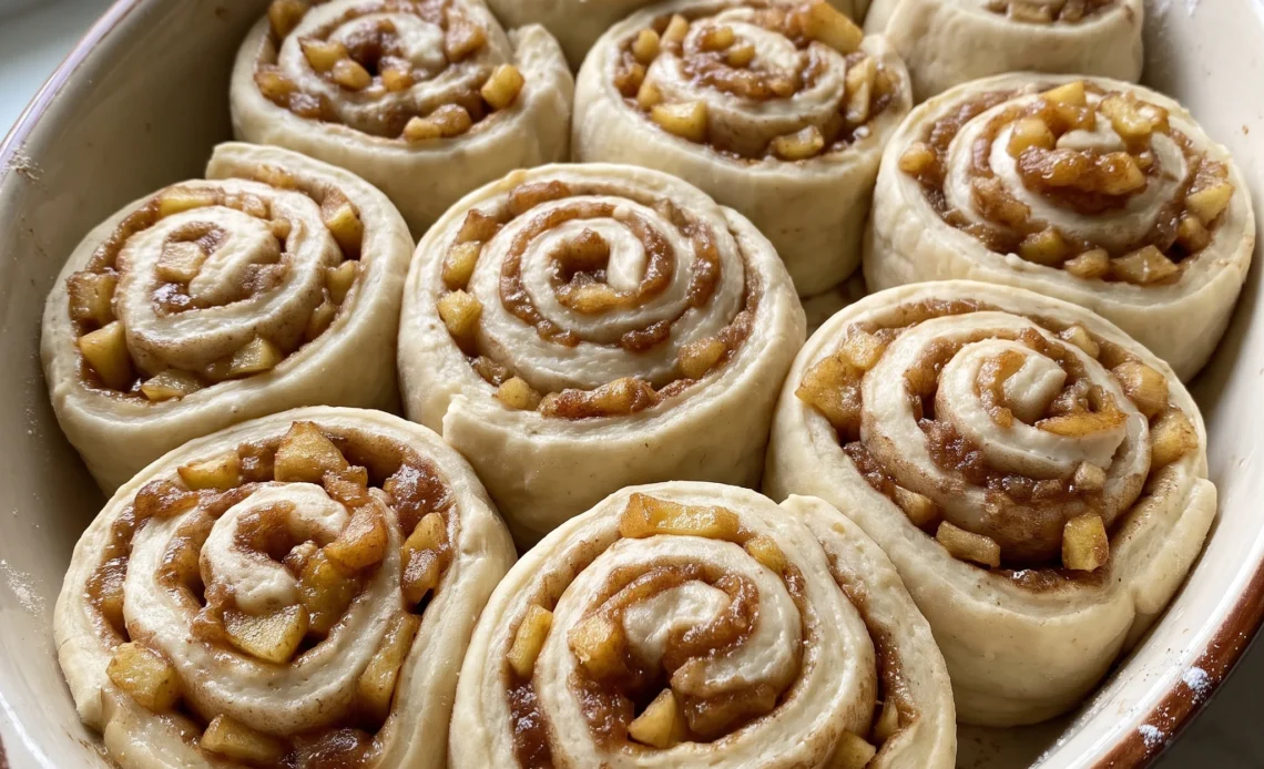 Caramel apple cinnamon rolls with cream cheese frosting, diced apples and caramel drizzle on top.