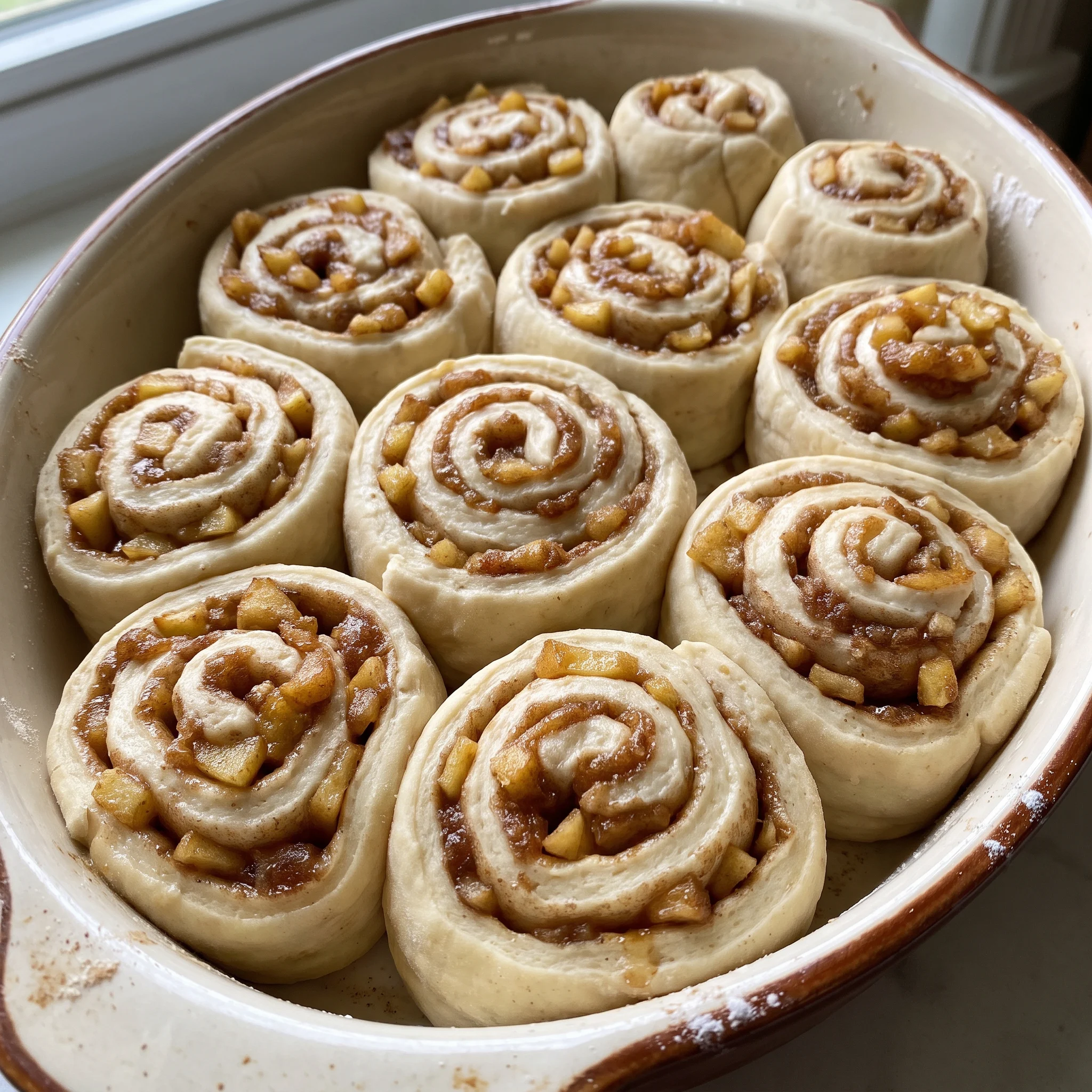Caramel apple cinnamon rolls with cream cheese frosting, diced apples and caramel drizzle on top.