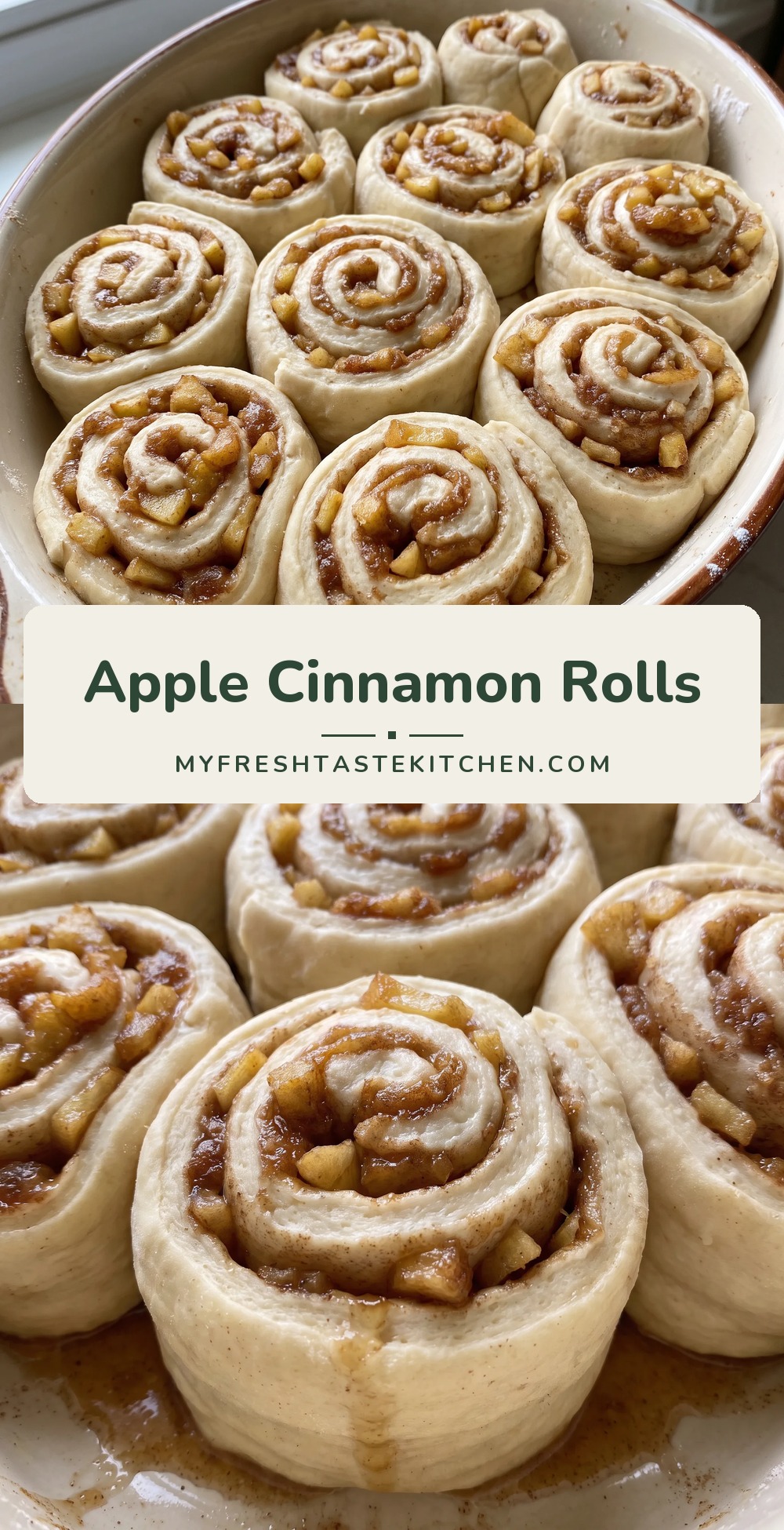 Golden cinnamon rolls filled with tender diced apples and cinnamon, topped with caramel cream cheese icing and a glossy caramel drizzle.