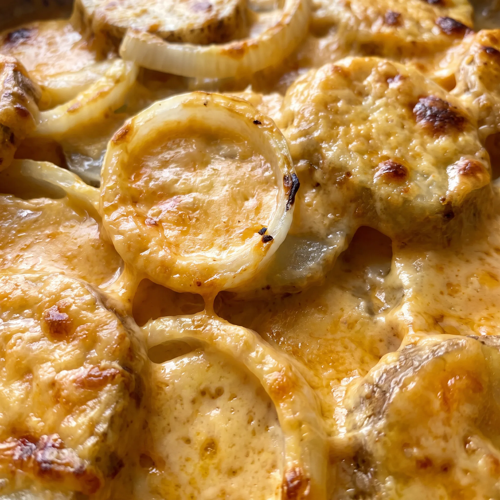 Golden-brown melted cheddar cheese covering tender potato slices with soft onions.