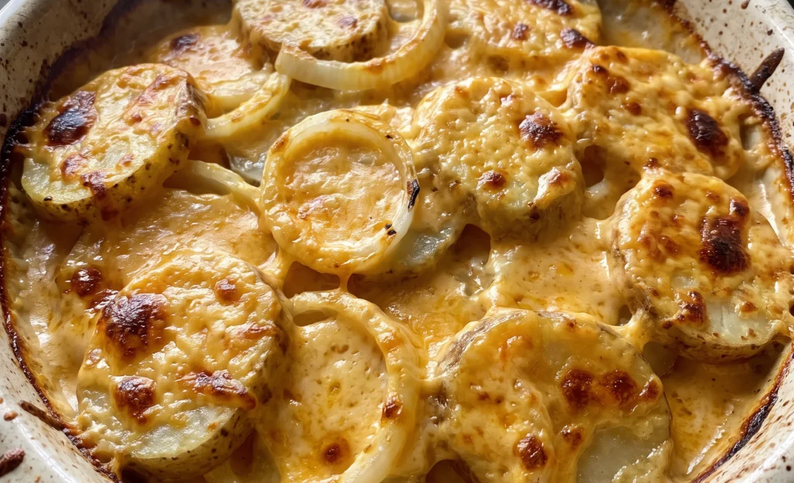 Cheesy scalloped potatoes with layers of sliced potatoes, onions, and melted cheddar cheese.