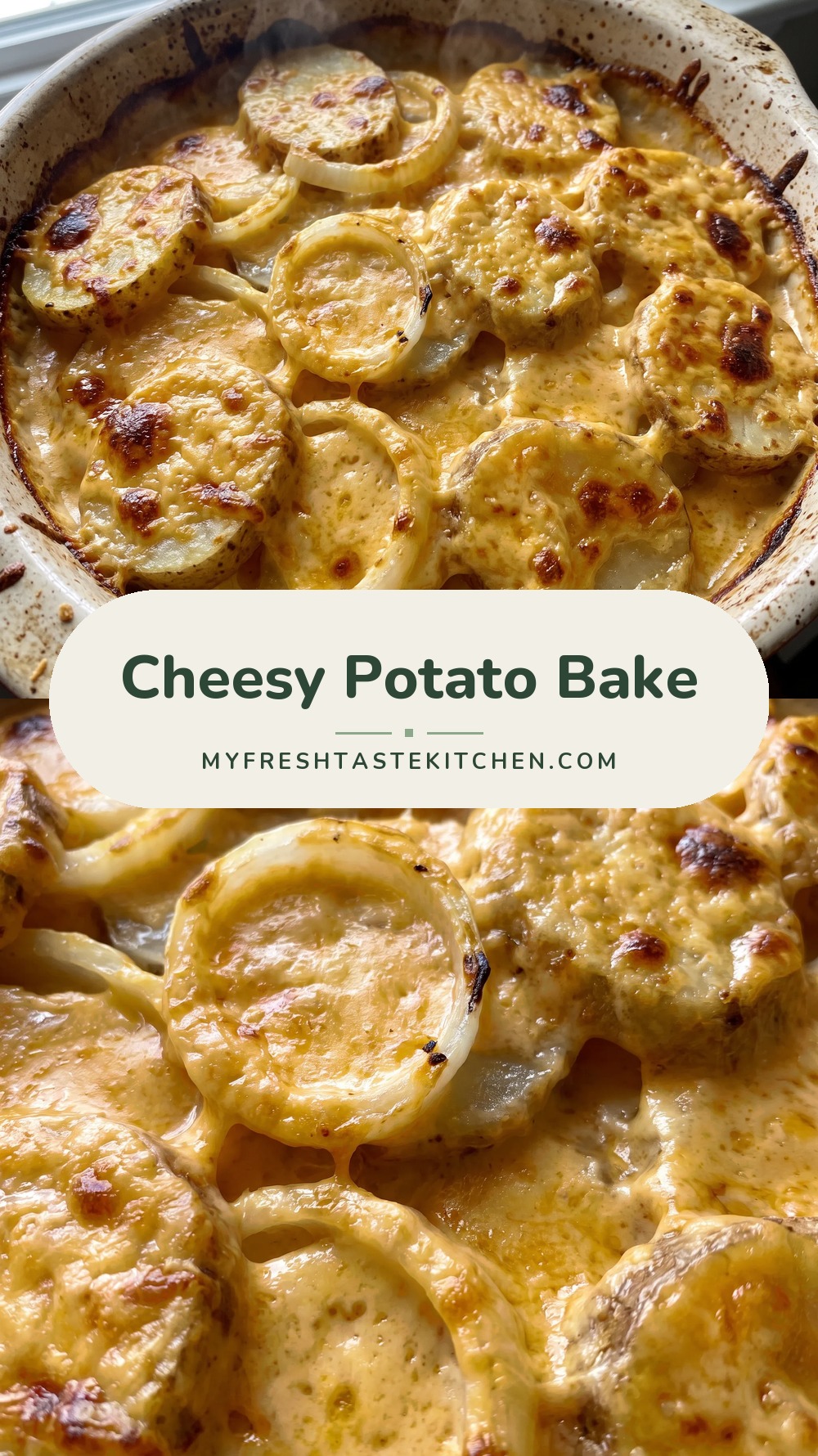 Creamy scalloped potatoes with layers of tender potato slices and onion, topped with melted cheddar cheese.