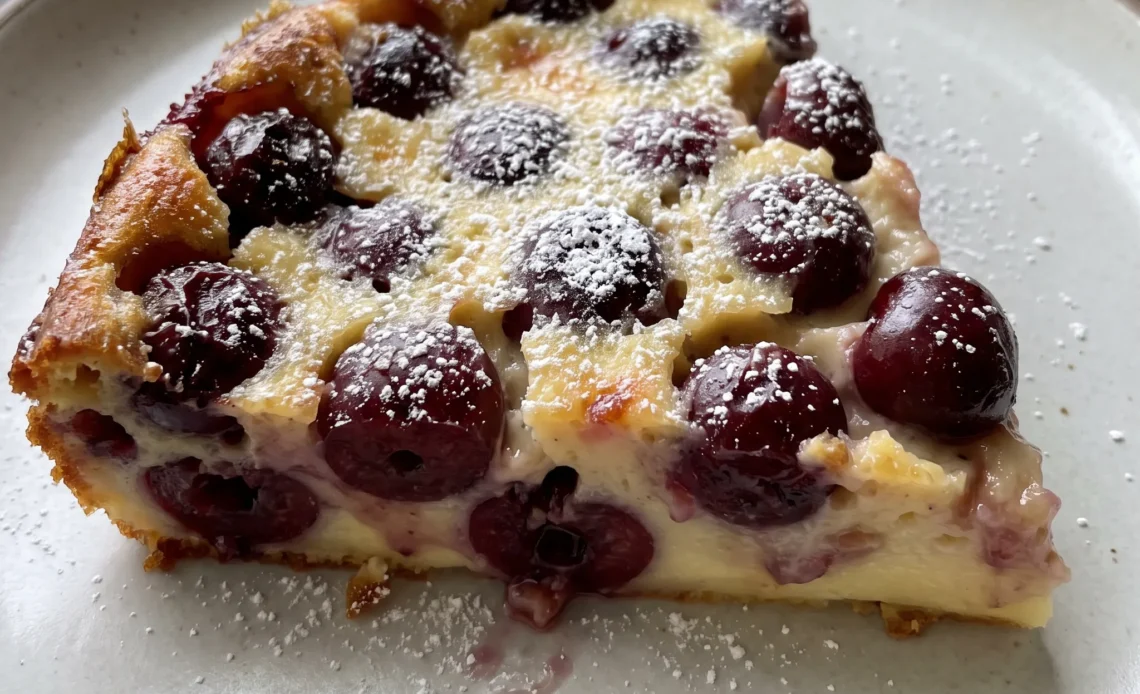 Creamy cherry clafoutis with dark red cherries tucked in a pale golden custard, topped with a light brown crust.