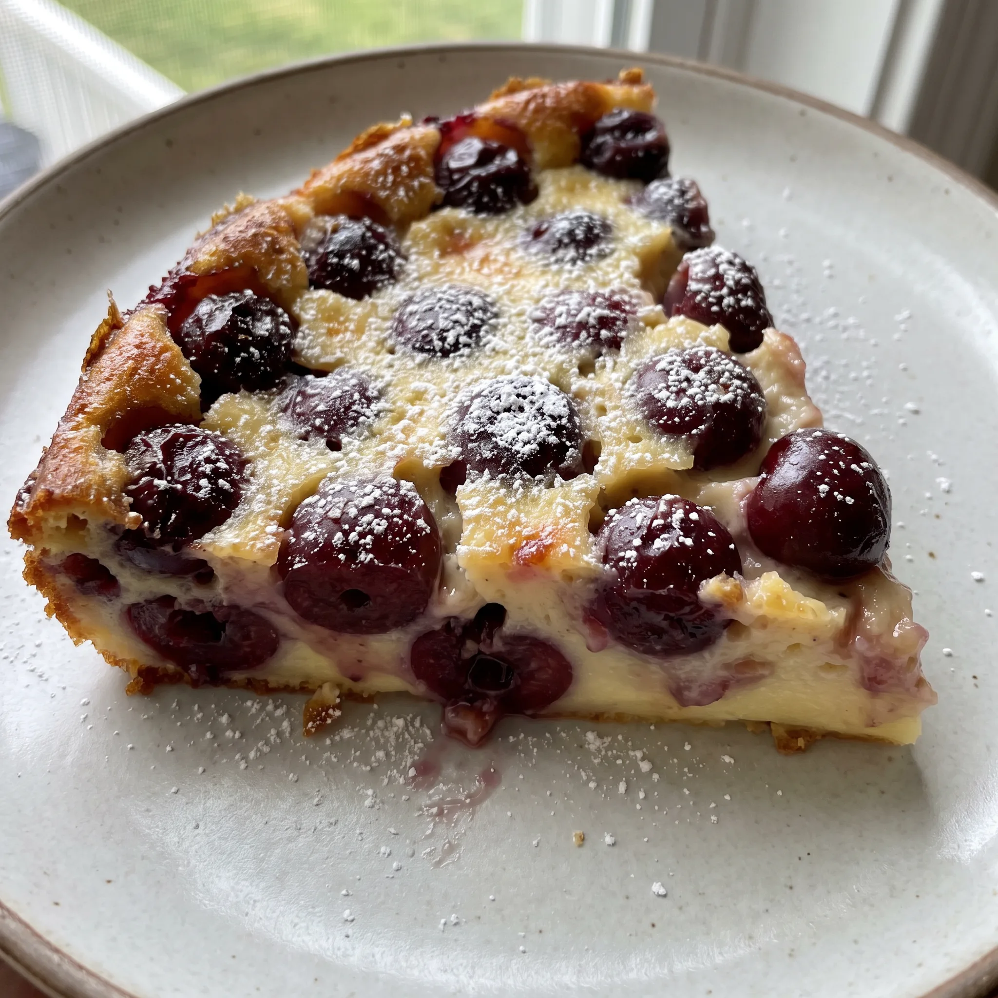 Creamy cherry clafoutis with dark red cherries tucked in a pale golden custard, topped with a light brown crust.