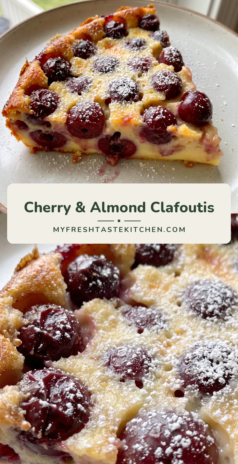 Golden puffy clafoutis with dark cherries tucked in creamy custard, dusted with powdered sugar.