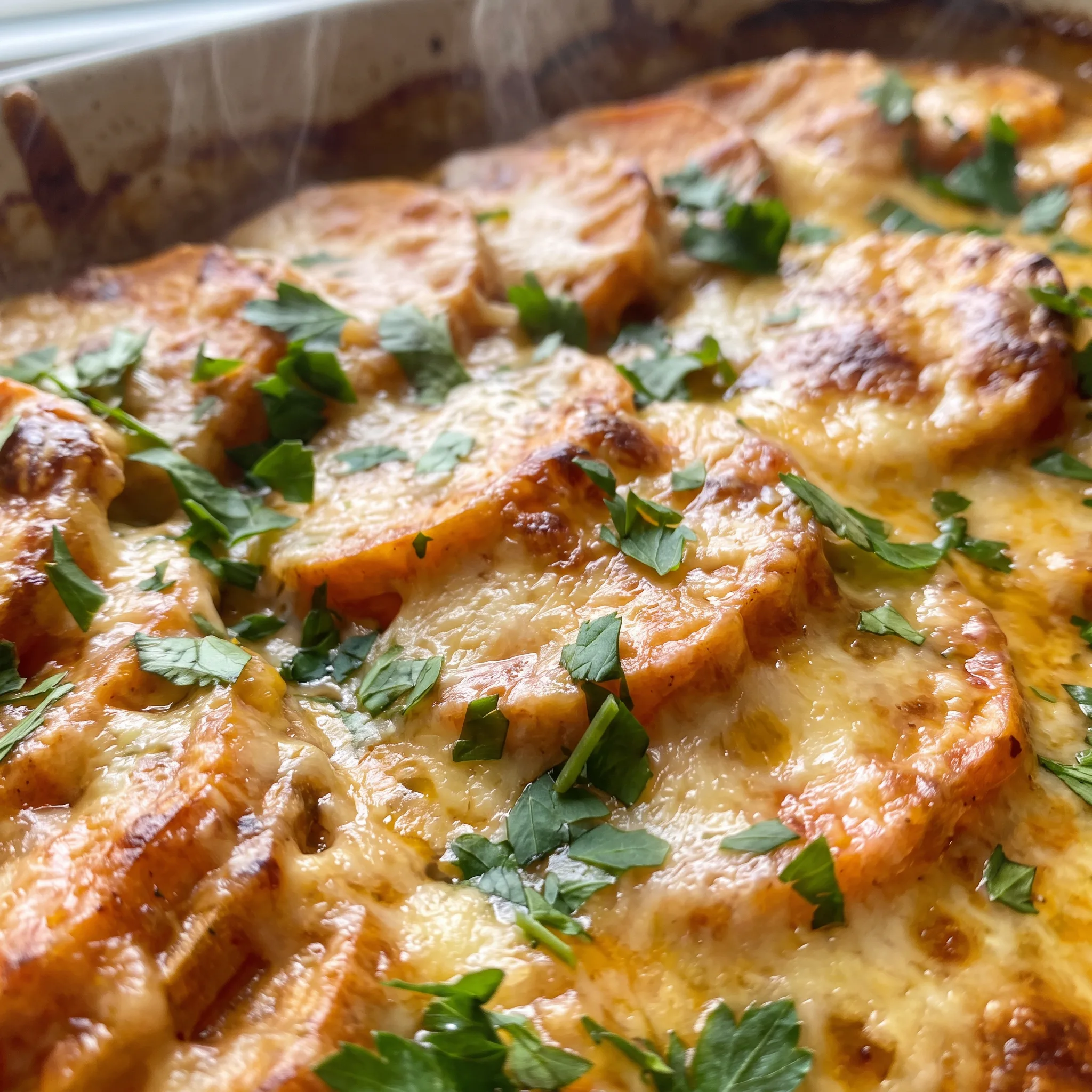 Creamy, melted smoked gouda coating tender sweet potato layers, with a glossy chipotle adobo sheen.
