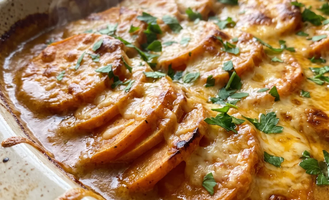 Chipotle Gouda scalloped sweet potatoes, layered orange slices with melted smoked gouda and chipotle sauce.