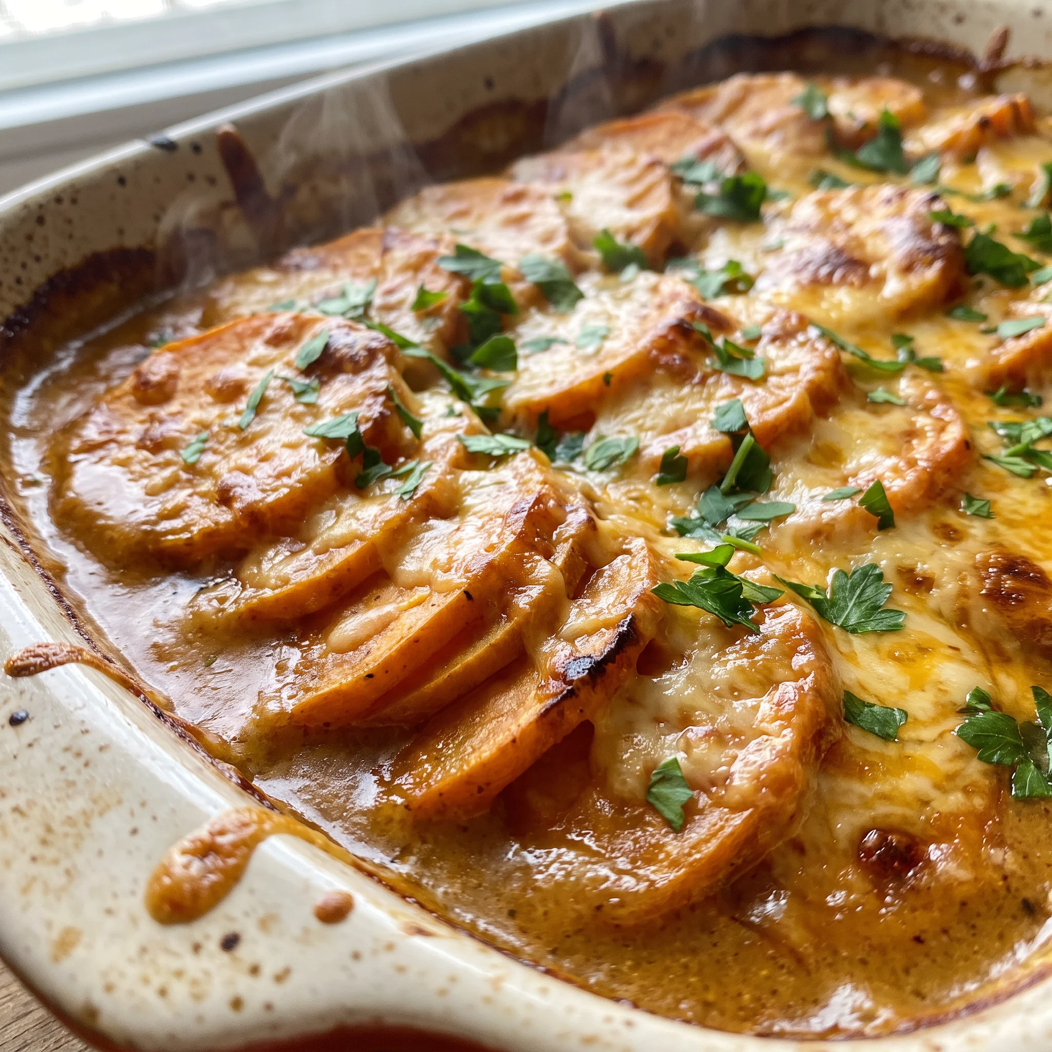 Chipotle Gouda scalloped sweet potatoes, layered orange slices with melted smoked gouda and chipotle sauce.