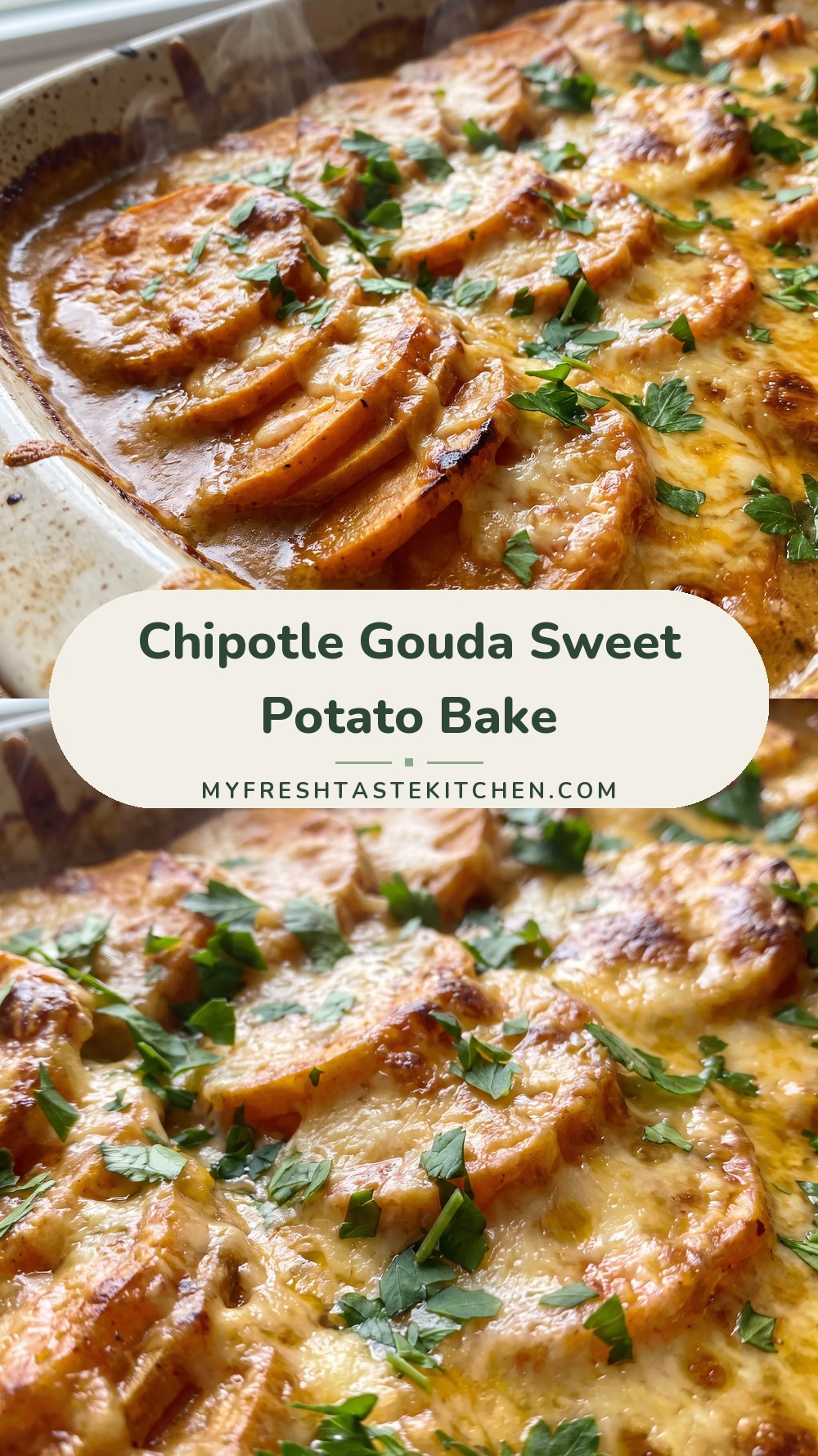 Baked sweet potato slices layered in creamy chipotle gouda sauce, topped with melted cheese and parsley.