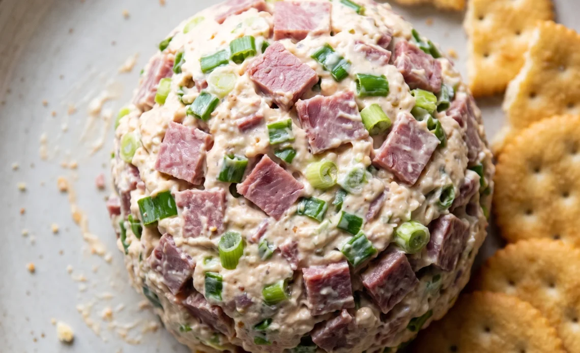 Chipped beef cheese ball coated in chopped chipped beef and green onion, with cheddar cheese flecks visible.