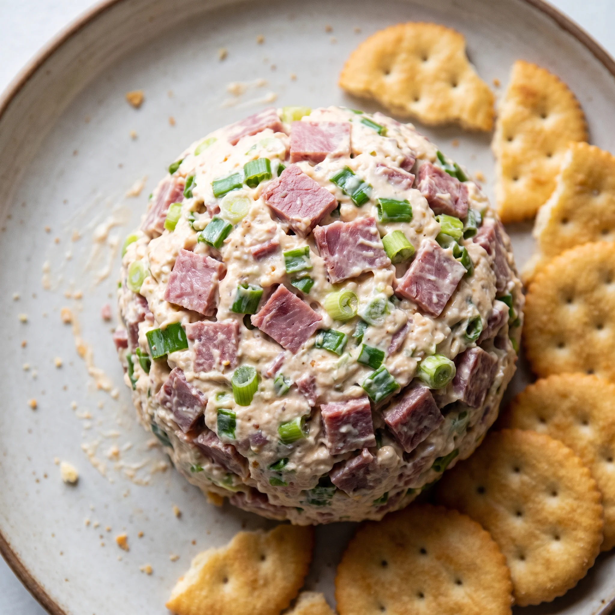 Chipped beef cheese ball coated in chopped chipped beef and green onion, with cheddar cheese flecks visible.