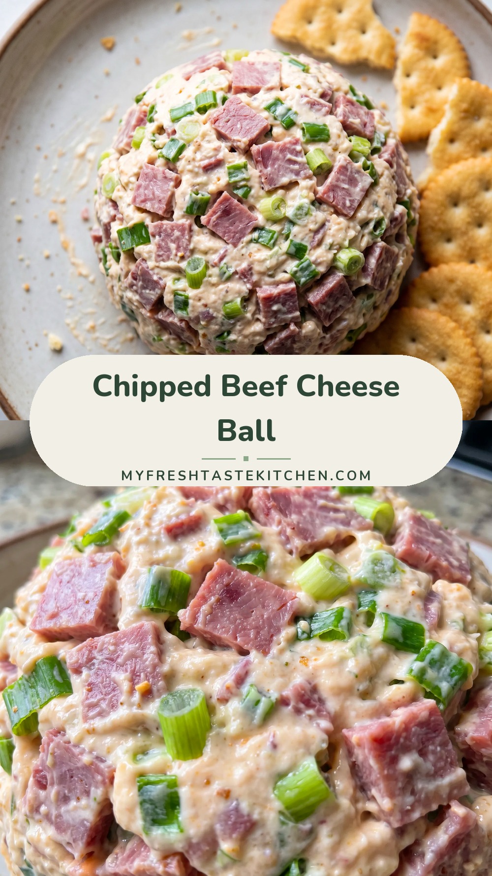 A chipped beef cheese ball coated in diced green onions and cheddar cheese, creamy and textured, served with Ritz crackers.