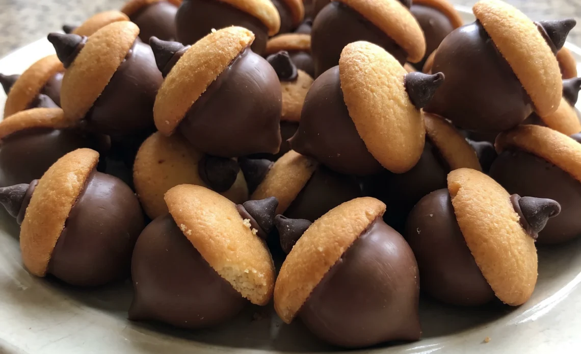 Chocolate acorns made of chocolate candy melts, Hershey's Kisses, and Nilla wafer cookies, topped with chocolate chips.