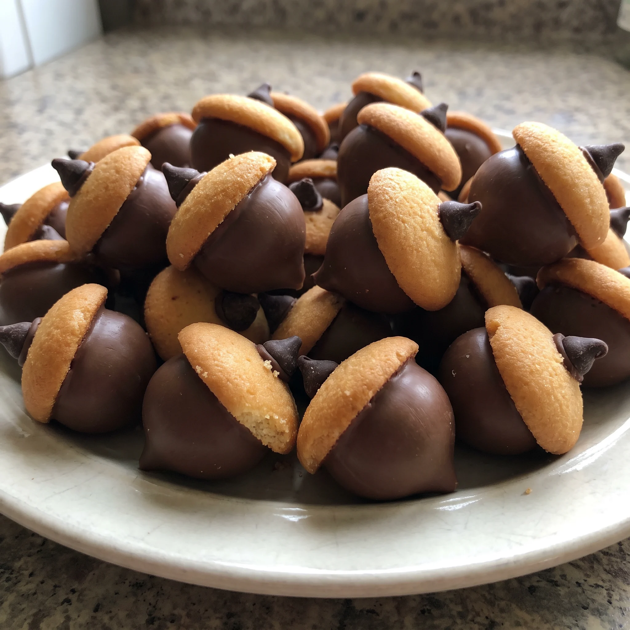 Chocolate acorns made of chocolate candy melts, Hershey's Kisses, and Nilla wafer cookies, topped with chocolate chips.