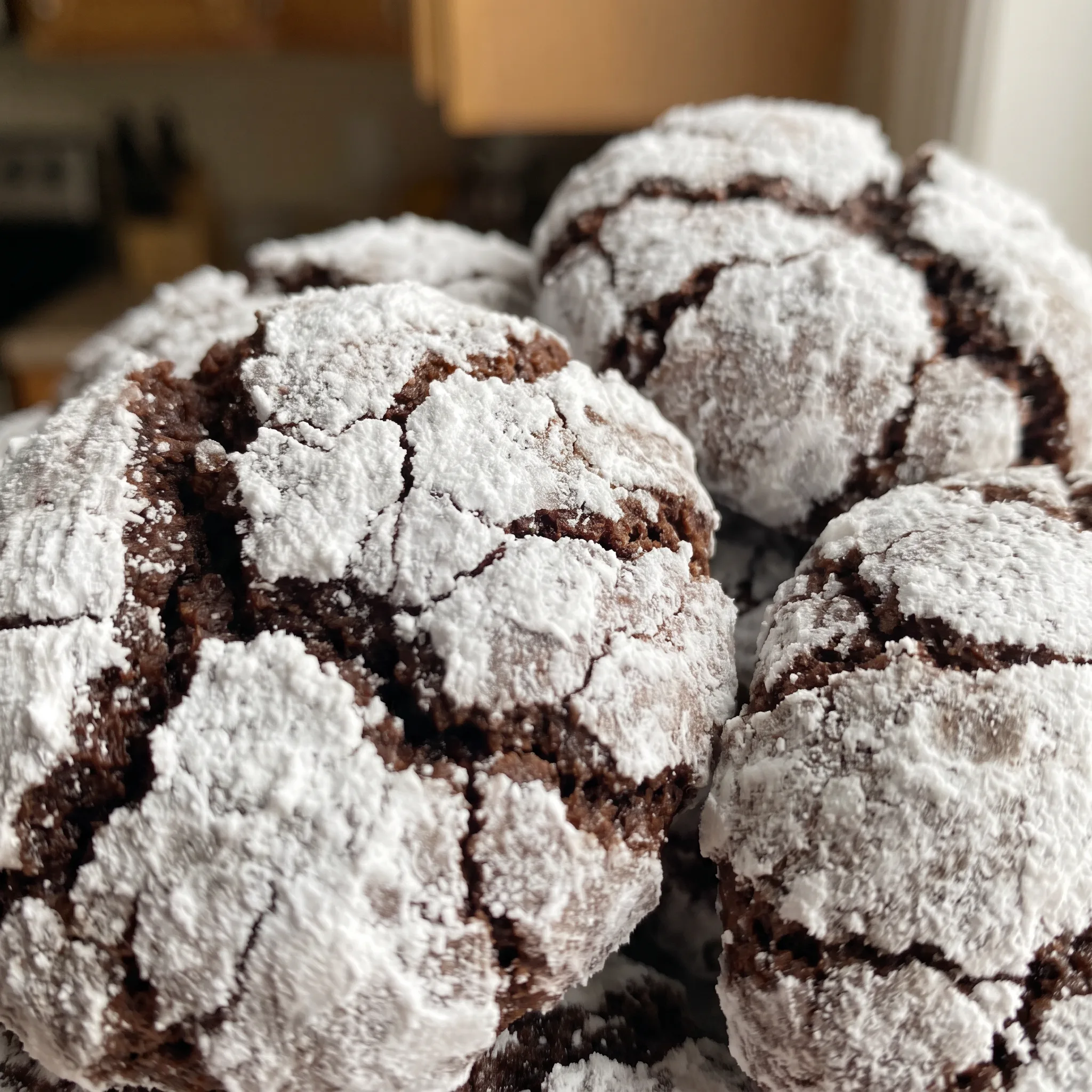 A chocolate crinkle cookie with a cracked, matte cocoa surface and a thick layer of powdered sugar.