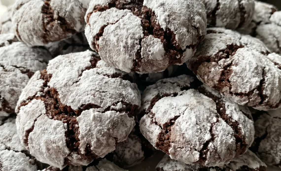 Chocolate crinkle cookies dusted with powdered sugar, showing dark cocoa crinkles and white sugar patches.